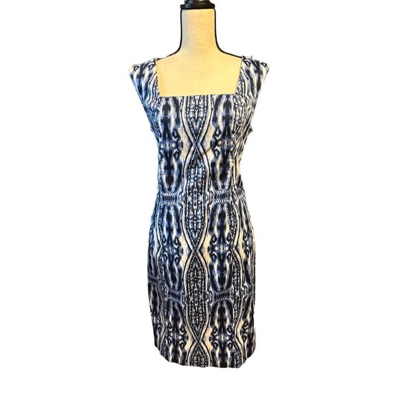 Anne Klein Dress Navy Sheath Cotton Stretch Square Neck Blue Abstract Print 12 - Picture 1 of 6